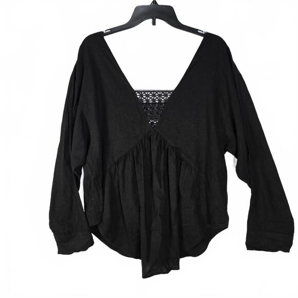 Free People Oversized Women's Sm Linen Blend V-Neck Long Sleeve Top Boho Hippie - Picture 2 of 6